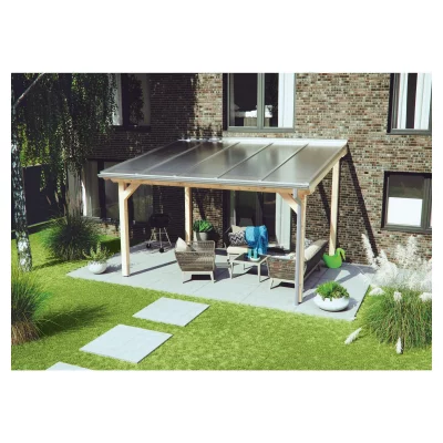 KATTO-Terrassenüberdachung5085 x 5000 mm, Leimholzbausatz mitPoly Breitk. weiß, Zub. pressbl., Rinne PVC-grau
